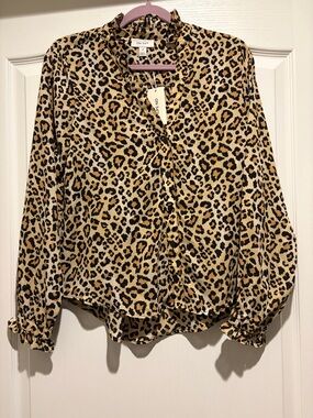 On/6th Leopard Print Button-Front Blouse - Tan/Black